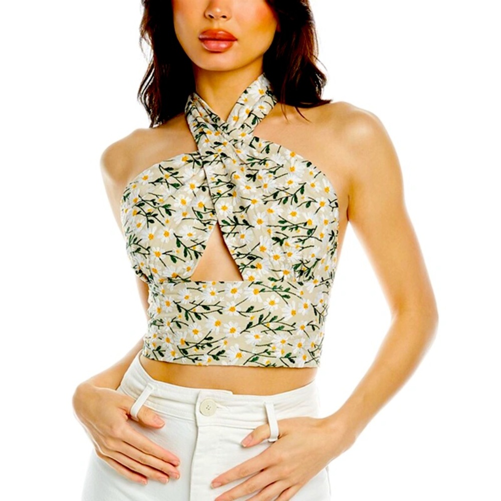 Floral Twist Halter Crop Top in Cream